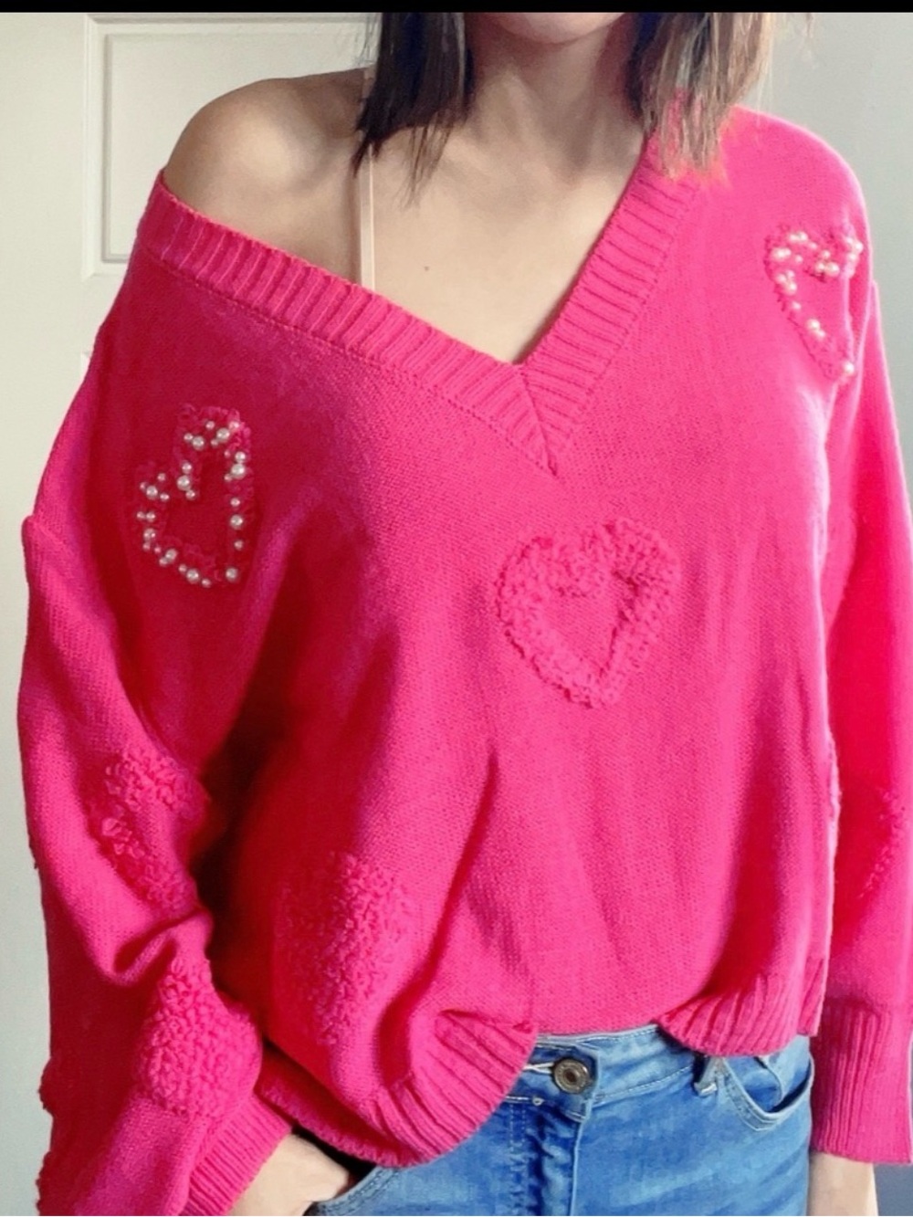 07 Cozy Heart V neck Vday oversized Sweater Top - Picture 7 of 8